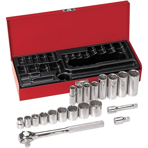 Klein Tools 65508 3/8-Inch Drive Socket Wrench Set with 6-Point, 12-Point, and 6-Point Deep Sockets in SAE Sizes, Case Included, 20-Piece
