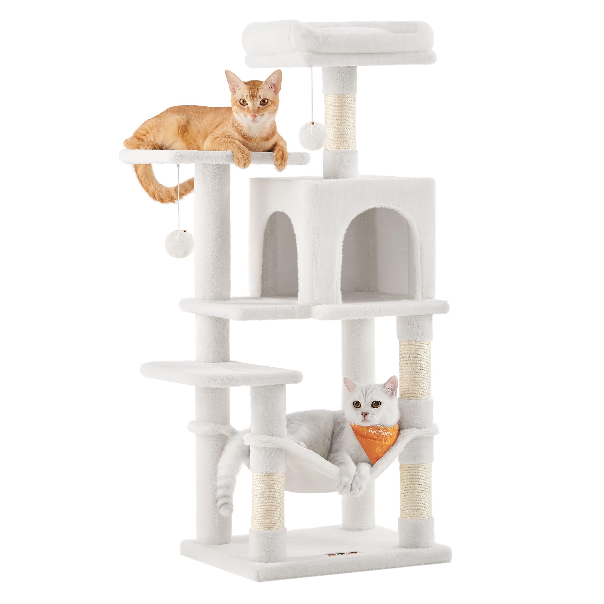 Feandrea Cat Tree, 44.1-Inch Cat Tower, Plush Multi-Level Condo with 4 Scratching Posts, 2 Perches, Hammock, Cave, Cream White UPCT261T01