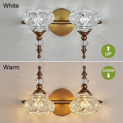 Miniatura 6 de ZILANL Lámparas de tocador de baño, 2 luces vintage de cristal para baño, acabado de latón antiguo cepillado mate, aplique de pared vintage con