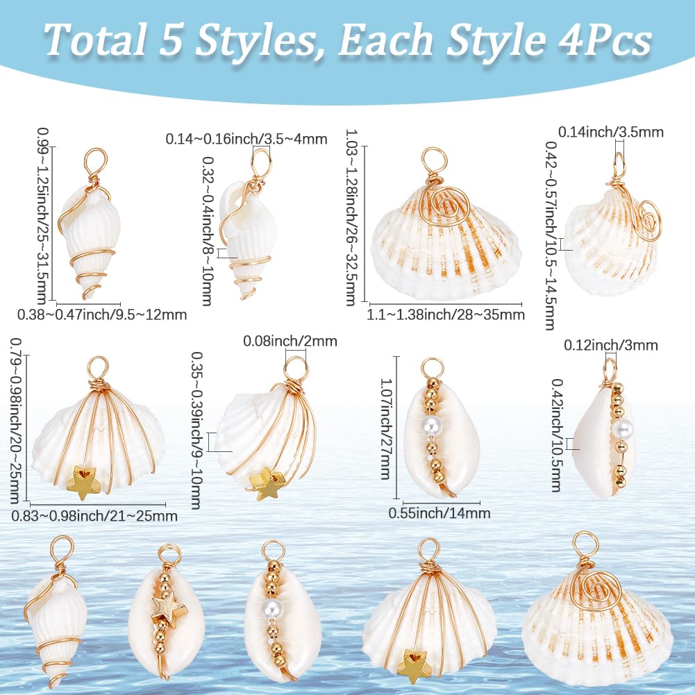 SUNNYCLUE 1 Box 5 Styles 20Pcs Natural Shell Charms White Seashell Charm Bulk Summer Beach Cowrie Hawaii Sea Life Scallop Pendants for Jewellery Making Diy Necklaces Bracelets Earrings Supplies Women - Image 2