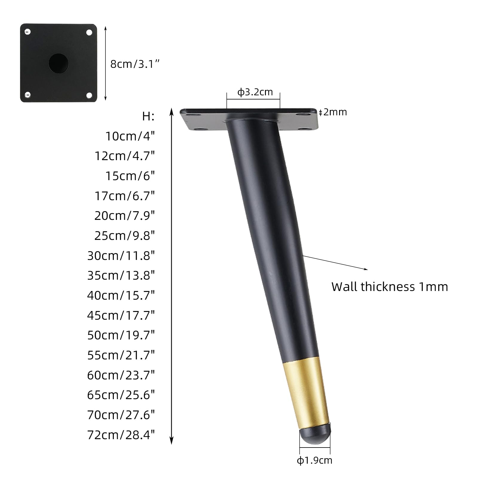 Generico Gambe per Mobili Nero 4 Pezzi Supporto Piedini Conici per Tavolo Acciaio Laminato A Freddo Vernice Spray Piedini per Divano Altezza: 10-72 cm Piedini per Mobile Oro 40 cm/15,7"
