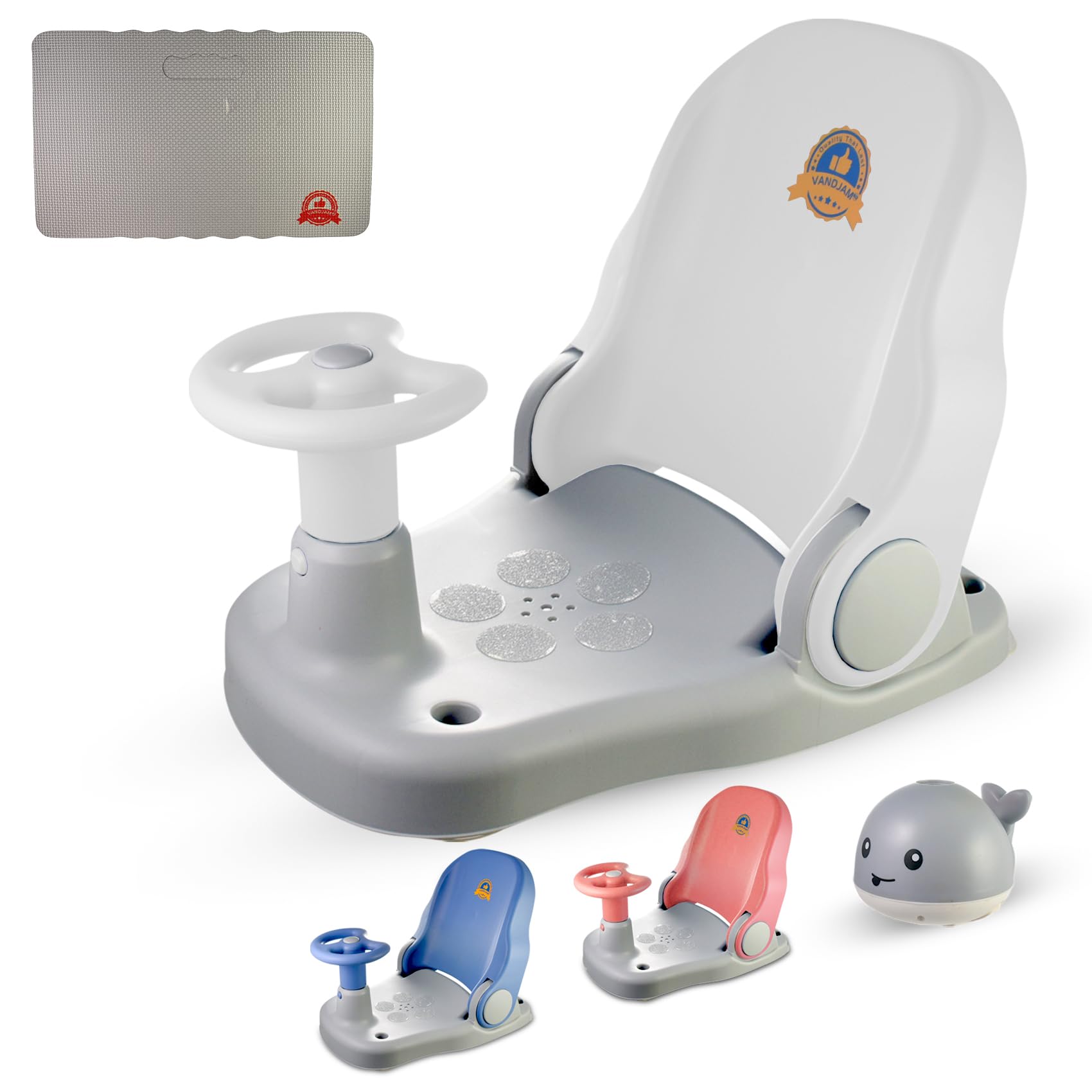 VANDJAM ™ Baby Bath Seat with Foam Kneeler Pad, Thermometer & Bath Toy – Baby Bath Chair Infant Bath Seat Shower Chair, Adjustable Back Rest Support, Non-Slip Seat Pad, 6–36 Months - White