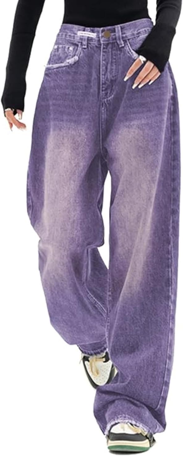 EMMIOL Women Baggy Jeans Mid-Low Waist Boyfriend Streetwear Vintage Jeans Wide Leg Denim Pants