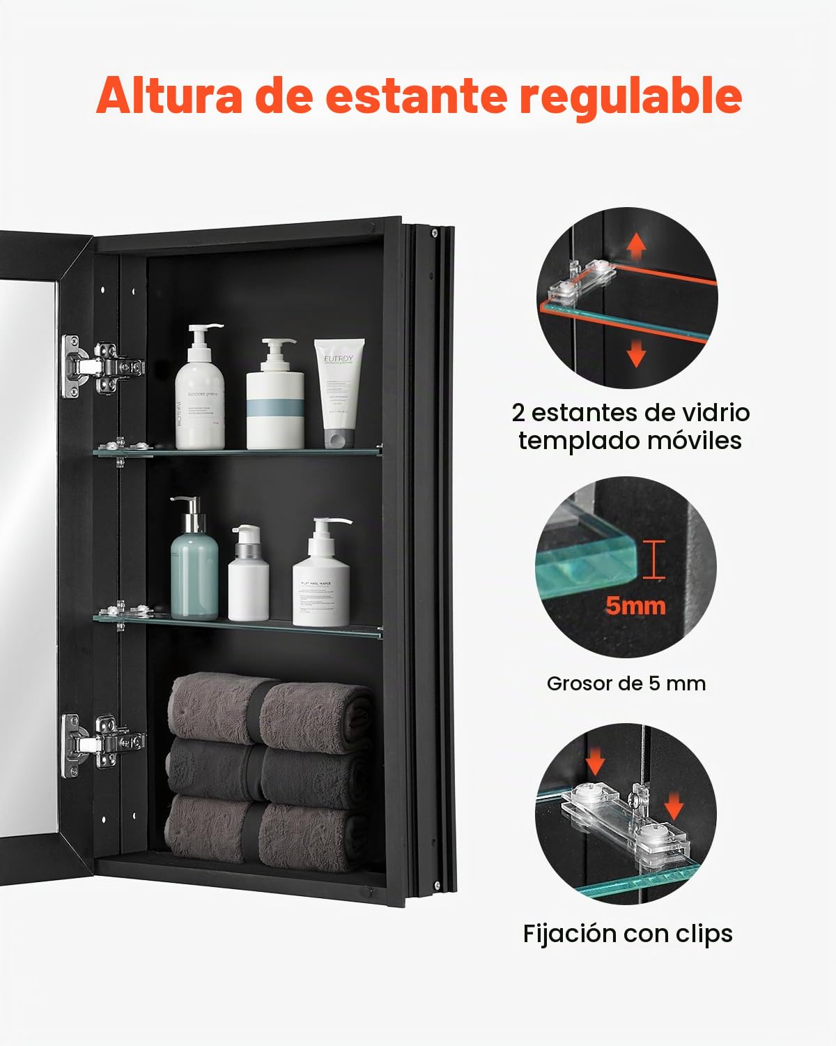 VEVOR Botiquín con Espejo para Baño con Puerta de Espejo y Estantes de Vidrio Ajustables, Instalación Empotrada y Montada en Pared, Aluminio, Organizador de Almacenamiento, 355 x 135 x 610 mm