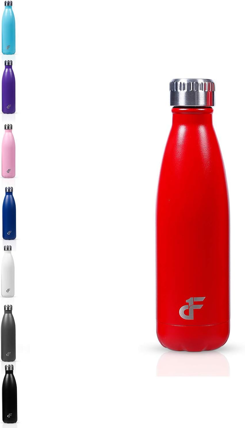 Day 1 Fitness Stainless Steel Water Bottle Narrow Mouth with Screw Lid (12 oz, 17 oz, or 25 oz) - 3 Size and 8 Color Options - Vacuum Insulated, Double Walled, Powder-Coated Sweat Proof Thermos 17 oz.