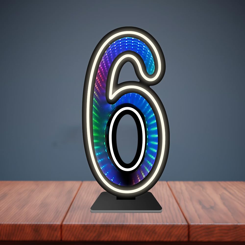 Insegna al neon 3D a LED con numero 6, 45,7 cm, dimmerabile, cambia colore, infinito a mille strati, luce a specchio alimentata tramite USB, per feste di compleanno (numero 6)