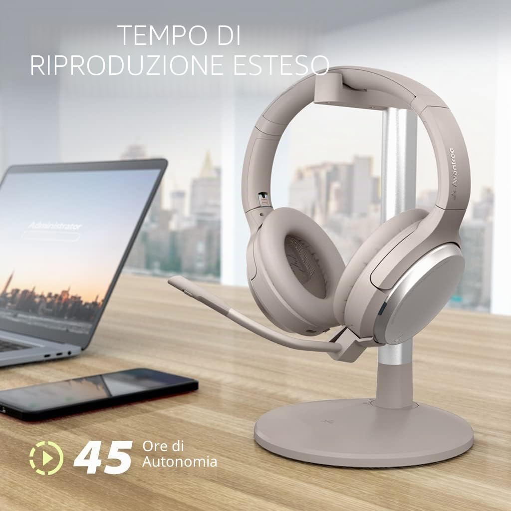Avantree Eon - Cuffie Bluetooth con Microfono Cancellazione del Rumore & Base di Ricarica per Musica e Chiamate su PC, Telefono, Cuffie con Microfono Cablate e Wireless con ANC, Batteria Sostituibile