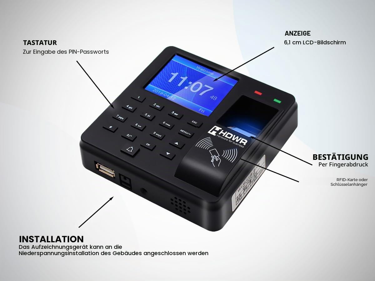 HDWR CTR10 Fortgeschrittenes Zeiterfassungssystem - Biometrisch, RFID, Passwortverifizierung - 1000 Mitarbeiter Kapazität, Zugangskontrolle