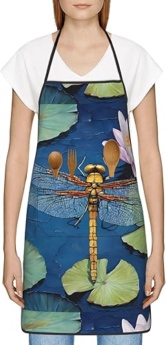 Miniatura 9 de Unisex Apron With Pocket, Dragonfly Painting Print Chef Apron For Cooking, Bbq & Crafts, Spillproof Kitchen Protection Bib With Large Utility Pocket