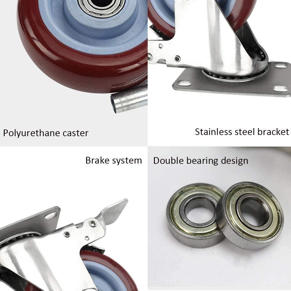 Roue de Roulette Rouge X4 roulettes pivotantes 3/4 / 5in roulettes de Frein silencieuses Support en Acier Inoxydable adapté aux Chariots Équipement de mobilier industriel-5in125mm_