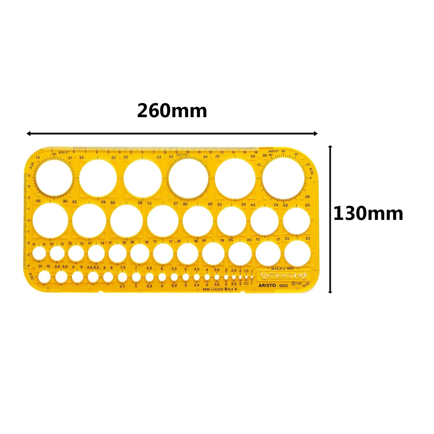 Aristo AH5033 Circle Template 1-36 mm (45 Circles, Diameter 1 to 36 mm, Ink Nubs, Dimensionally Stable Plastic) Orange/Transparent