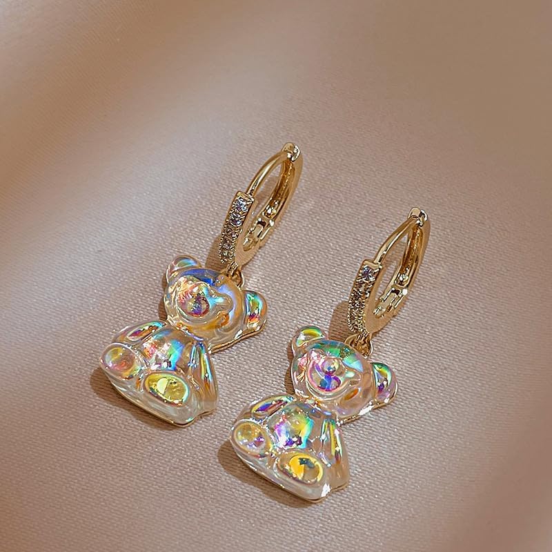 Iridescent Crystal Bear Drop Earrings, Gold-Plated Huggie Hoops with Rhinestones, Rainbow Effect - Image 6