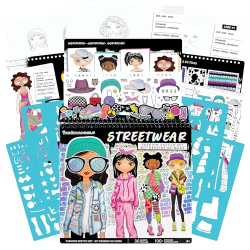 Fashion Angels Basic Fun Streetwear Fashion Design Sketch Portfolio – 30 Sketch Sheets, 4 Stencils & 100+ Stickers – Urban Fashion Drawing Book for Girls Ages 6+