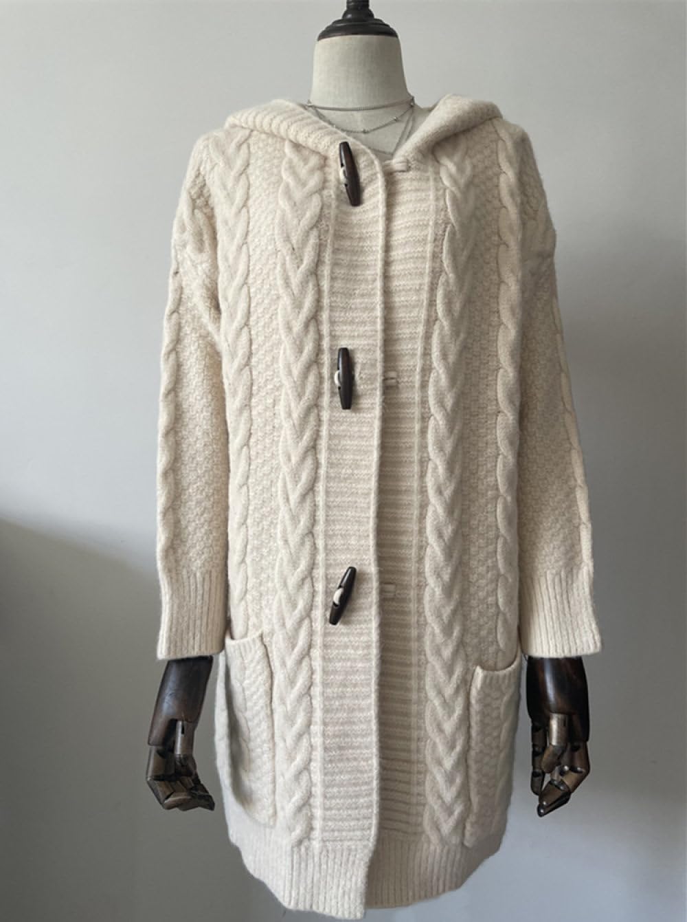 HGJH Damen Strickjacke Mit Zopfmuster Vorne Offen Lange Strickjacke Lockere Knöpfe Weicher Pullover Elegante Übergangsjacke Kimono Strickjacke Mantel Oberbekleidung Herbst Und Winter Weiß L