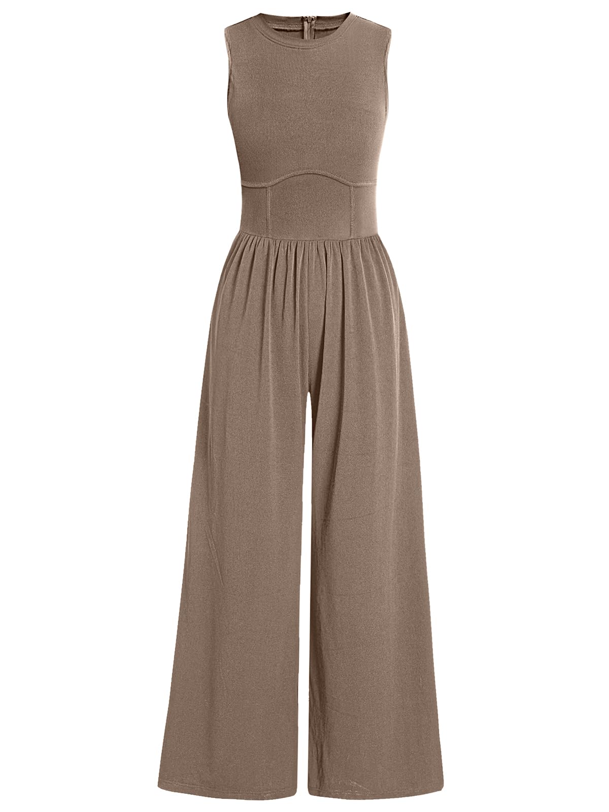 ANRABESS Womens Jumpsuits Dressy Summer Casual One Piece Outfits High Neck Tank Top Wide Leg Pants Rompers Jumper Pockets khaki L