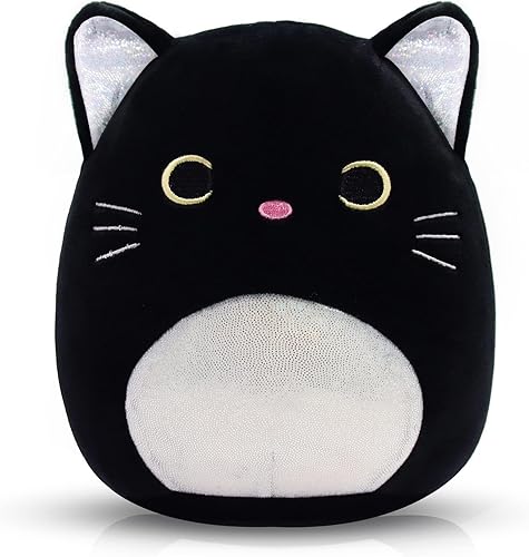 Animales de peluche de gato  Peluche de gato negro, orejas plateadas de 8 pulgadas, lindo juguete de peluche de gato negro para niños y niñas,