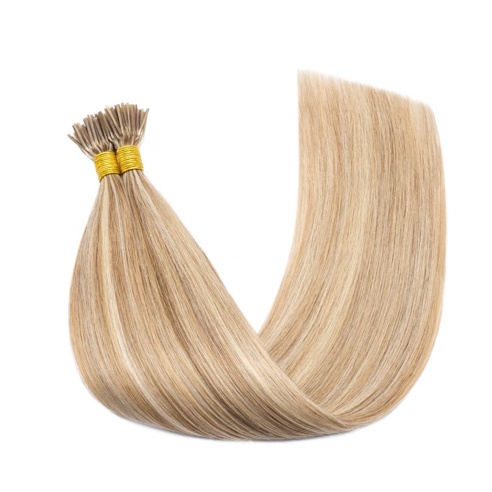 16 Inches I Tip Human Hair Extensions 100 Strands/Pack Pre Bonded Keratin Stick Tipped Hair Extensions Cold Fusion Hairpiece Long Straight For Women (#12P613 Golden Brown&Bleach Blonde 50g)
