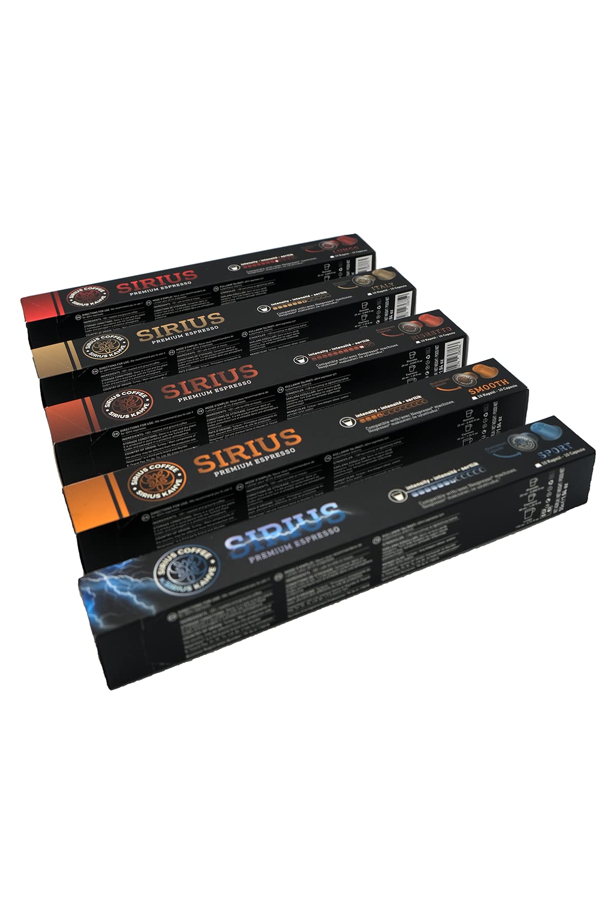 Sirius Premium Kapsül Kahve 5'li Set (Lungo, Italy, Ristretto, Smooth, Sport) (5 x 10 Adet)