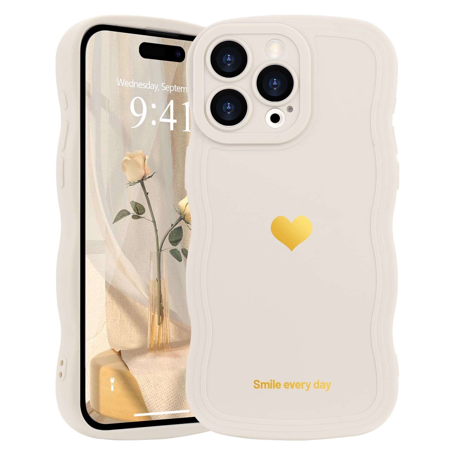 LAPOPNUT for iPhone 15 Pro Max Case,Cute Curly Wave Frame Love Heart Phone Case for Girls Women,Soft Silicone TPU Bumper Shockproof Camera Protective Cover for iPhone 15 Pro Max 6.7 inch,White