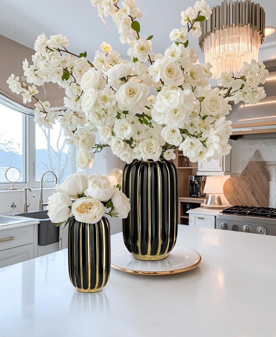 Briful Gold Plated Lantern Ceramic Vase Home Decor Creative Design Porcelain Decorative Flower Vase 11.02'' Black Ceramic Vases for Wedding Anniversary Decoration - Image 4