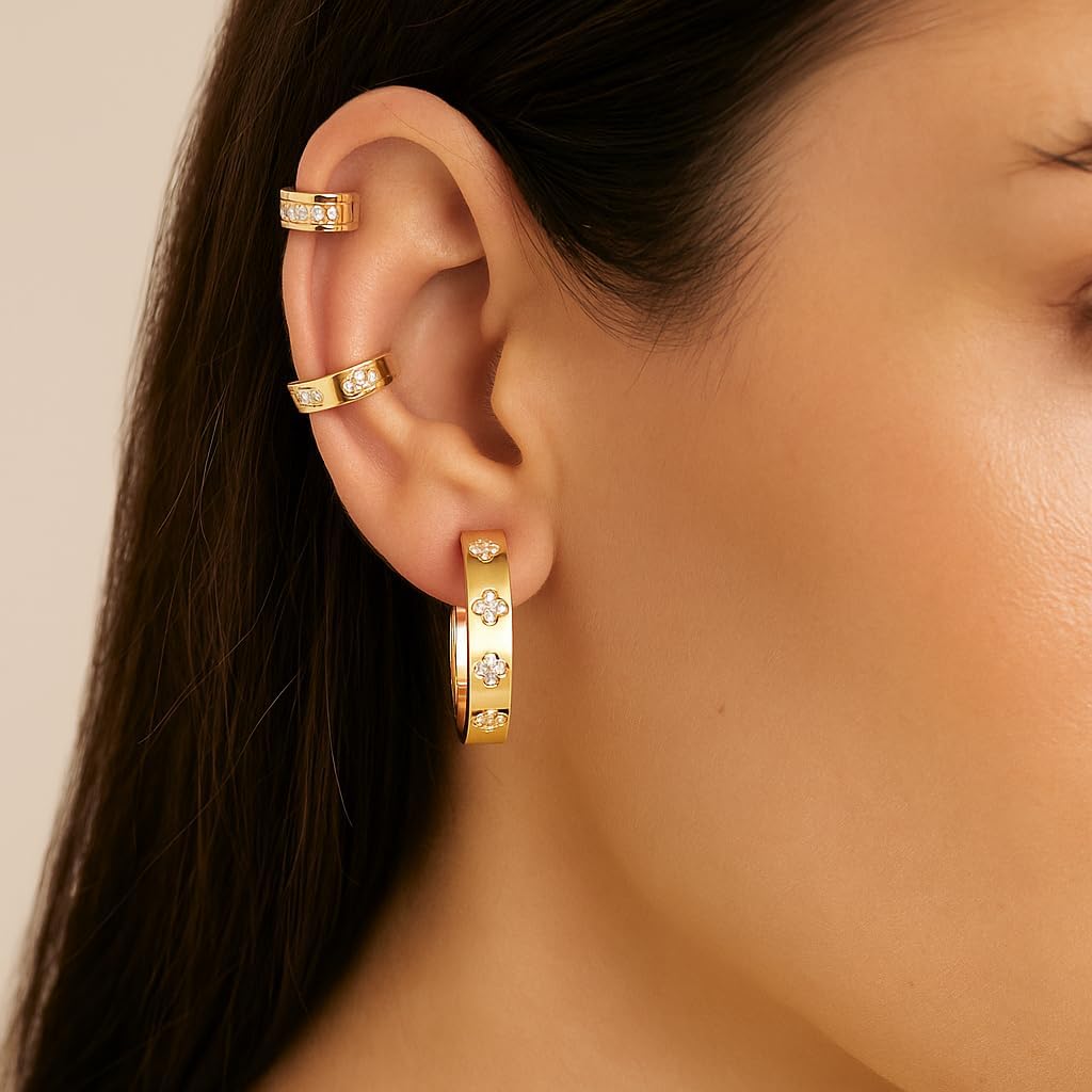 CZ Hoop Earring – Fun Gold Tone Hoops with Flowers | Unique Bohemian Fshion Jewelry for Women | Hypoallergenic Everyday Fashion
