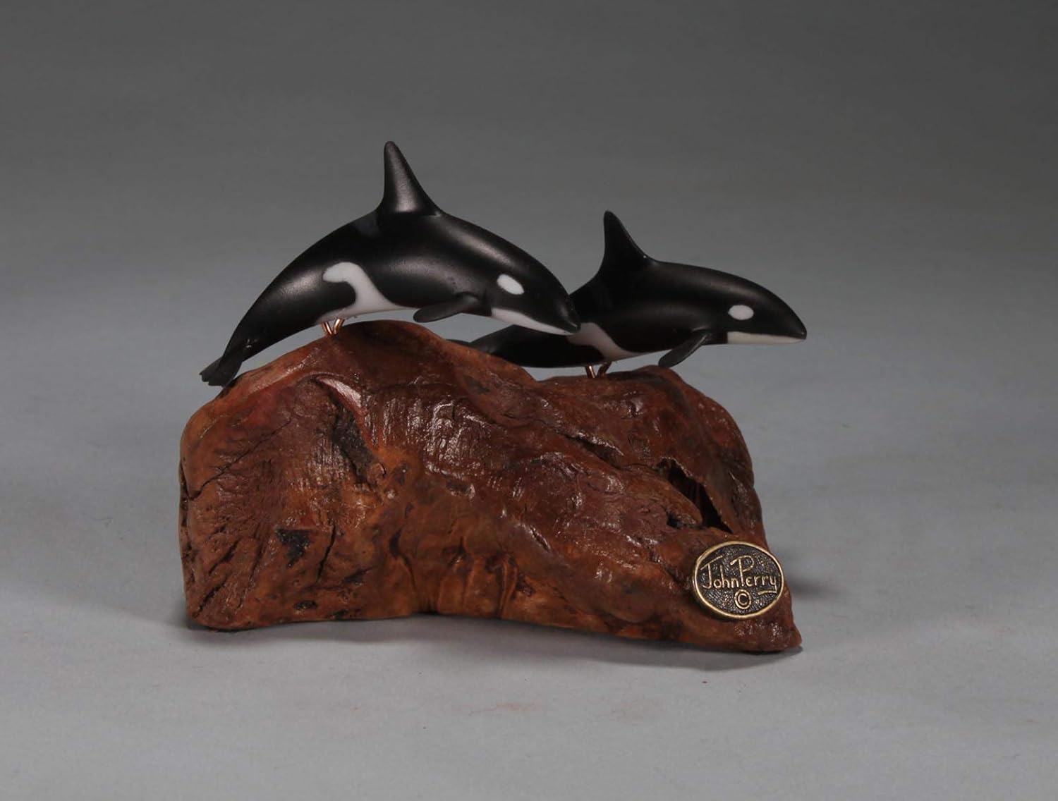 Orca Killer Whale Duo by John Perry 5in Long Smaller Version on Polished burlwood Base. Signed.