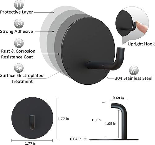 Miniatura 3 de VIS'V Ganchos adhesivos, ganchos redondos negros autoadhesivos para pared, ganchos pequeños para pegar, impermeables, resistentes, de acero