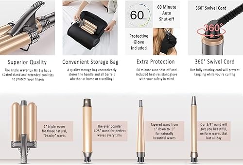Conjunto de modelador de cachos 4 em 1 da Mr Big para ondas naturais da praia, frisador e varinhas o