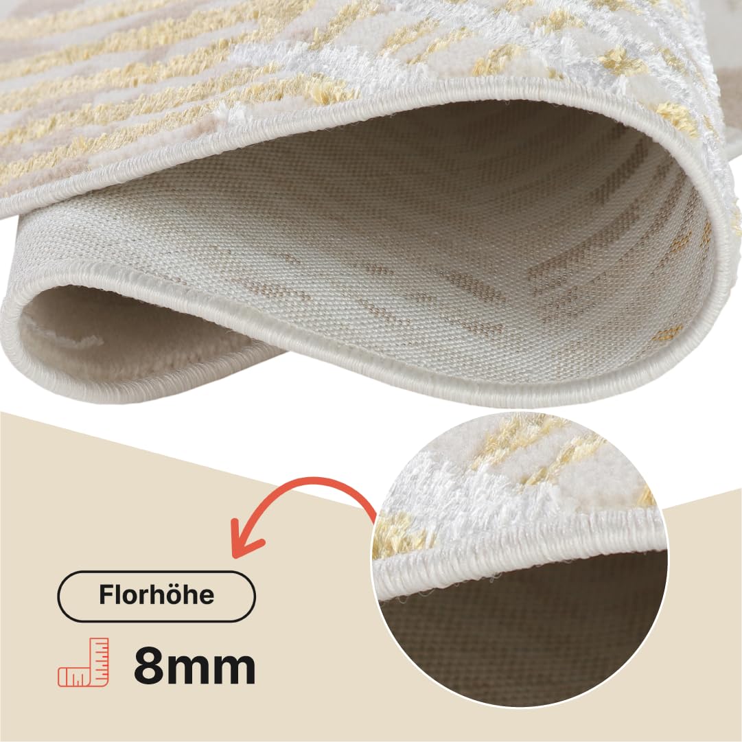 TAPISO Crystal Rund Teppich Kurzflor Glänzend Gold Weiß 120 x 120 cm | Palmenblätter Feder 3D Effekt Wohnzimmer Schlafzimmer Modern Design OEKO-TEX
