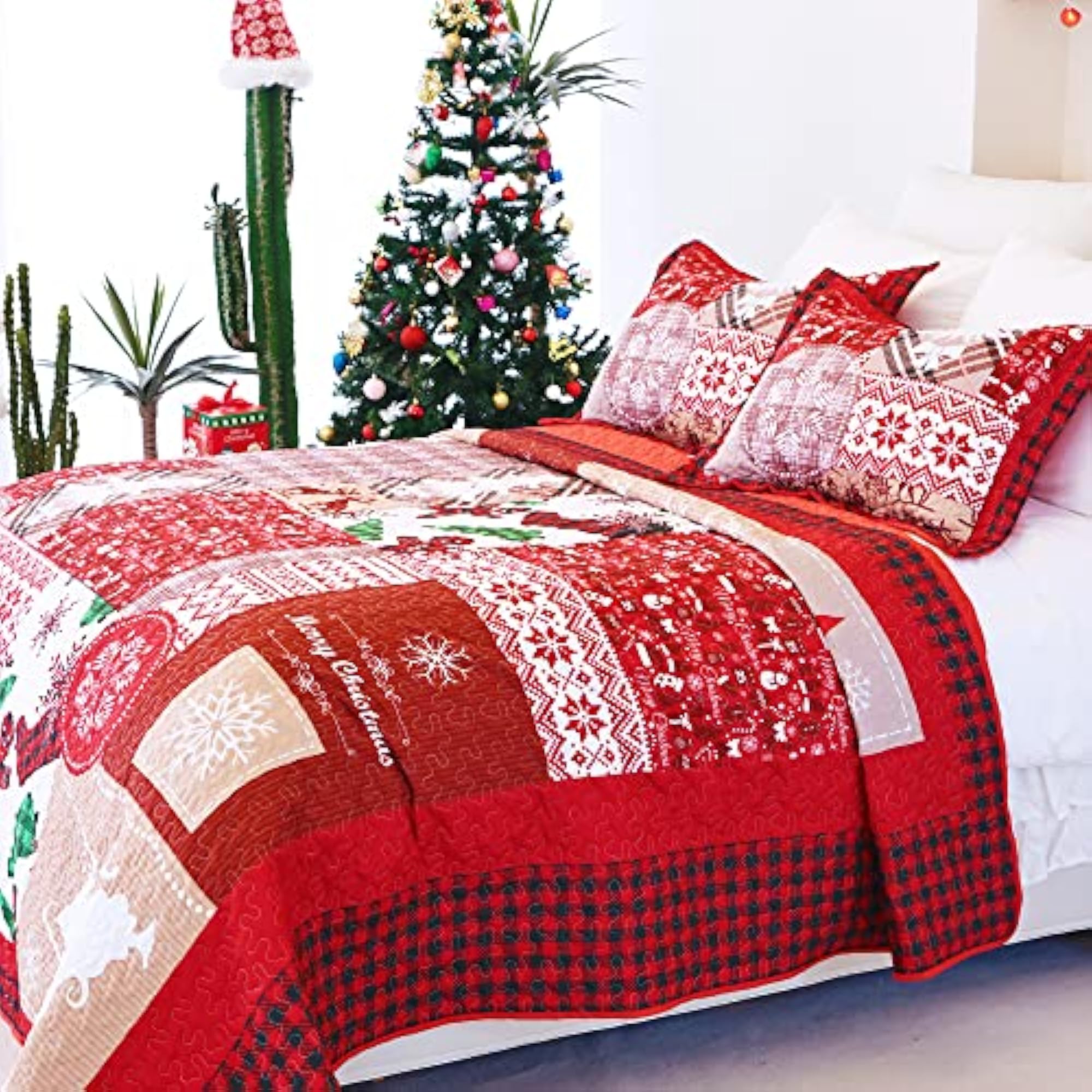 Queen Size Christmas Floral Quilt Set, Reversible