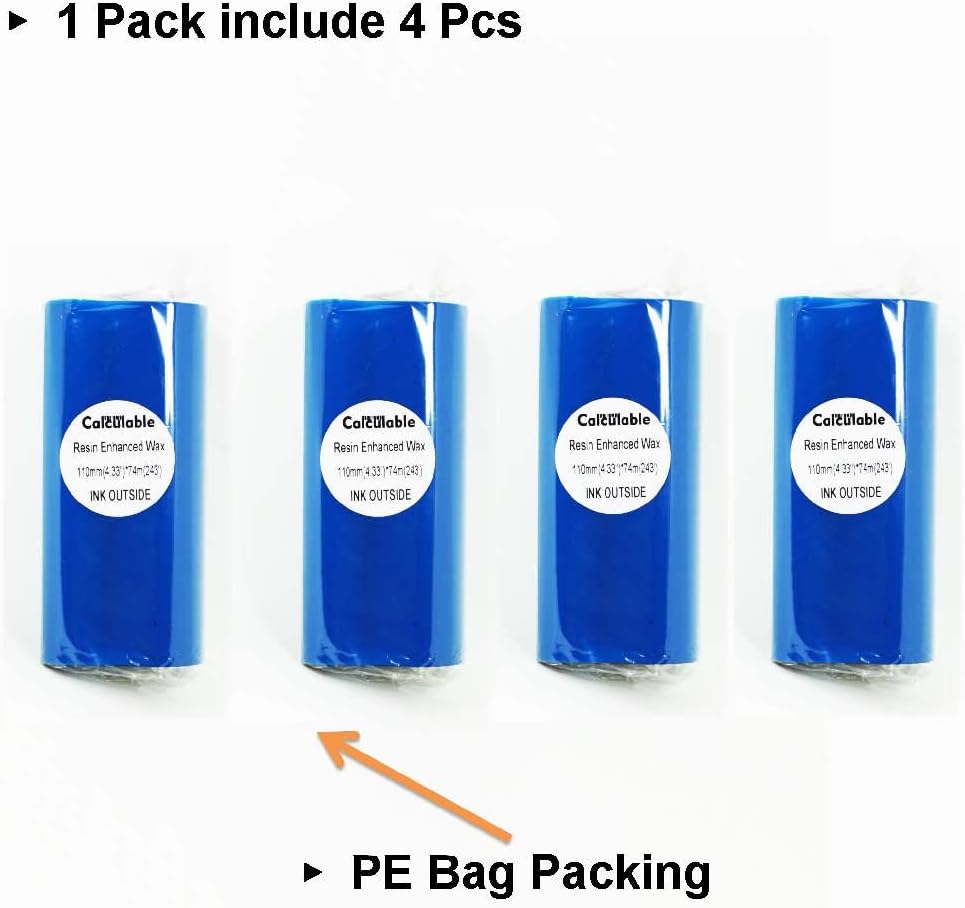 4 Rolls 4.33" x243' (110mm X 74m) Resin Enhanced Wax Thermal Transfer Ribbon 1/2 Inch Core Ink Outside Barcode Ribbons for Zebra Eltron Datamax Zebra GC420t GK420t GX420t TLP2442 TLP2844