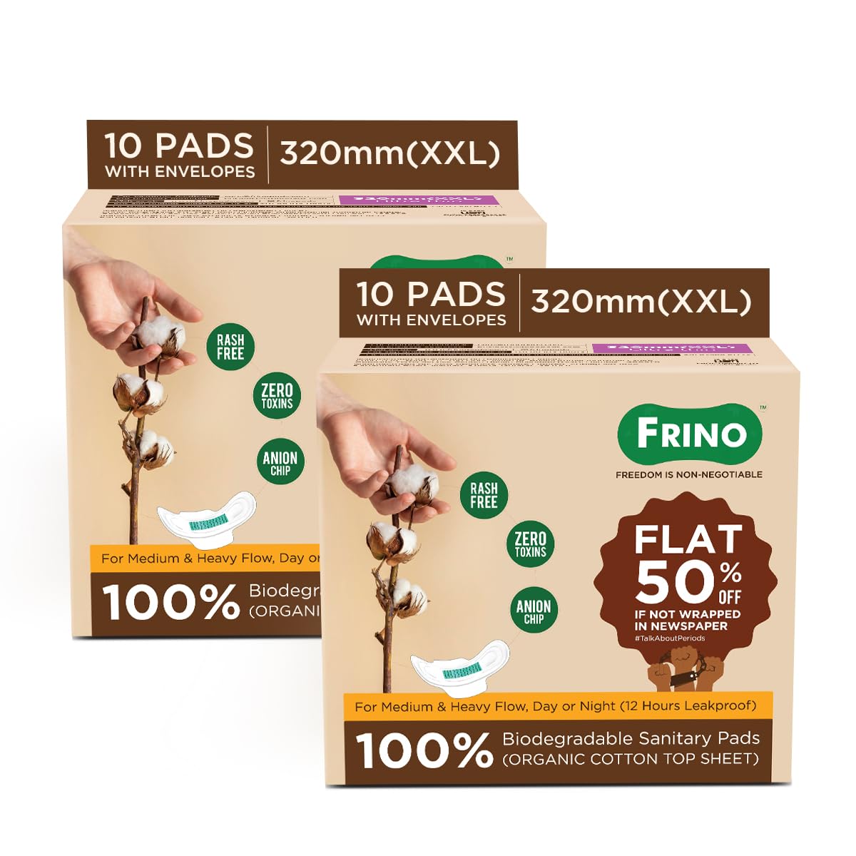 Frino 100% Organic Cotton Biodegradable Sanitary Pads, 320mm(XXL) | (Pack of 2) Total Quantity: 20 pads | Anti-Bacterial | Rash Free | Zero Toxins | Anion Chip | No Plastics | No Phthalates | No VOC’s | 12 Hours Leakproof | Safe for All Skin Types | Super Dry Feel | Very High Absorption Capacity-image-18