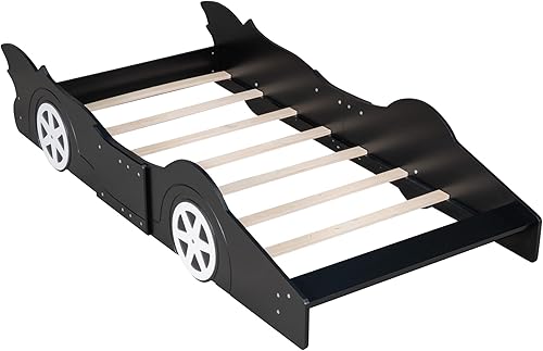 Miniatura 5 de Cama de plataforma en forma de auto de carreras con ruedas, cama de plataforma de madera tamaño individual con barandilla, cama de plataforma para