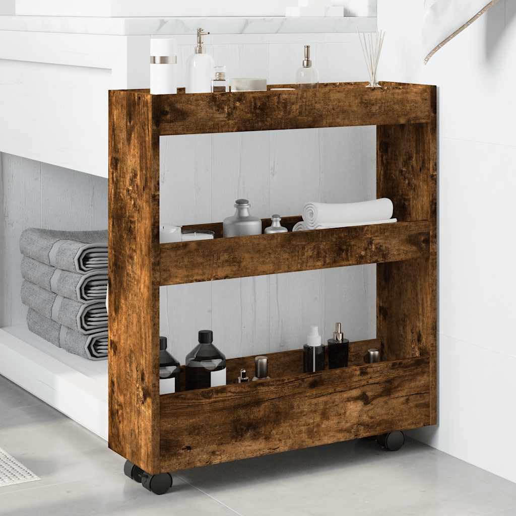 Carro de almacenamiento estrecho de 3 pisos, roble ahumado, material de madera con ruedas, carrito de cocina para cocina y comedor, carrito con ruedas para ahorrar espacio, con espacio de