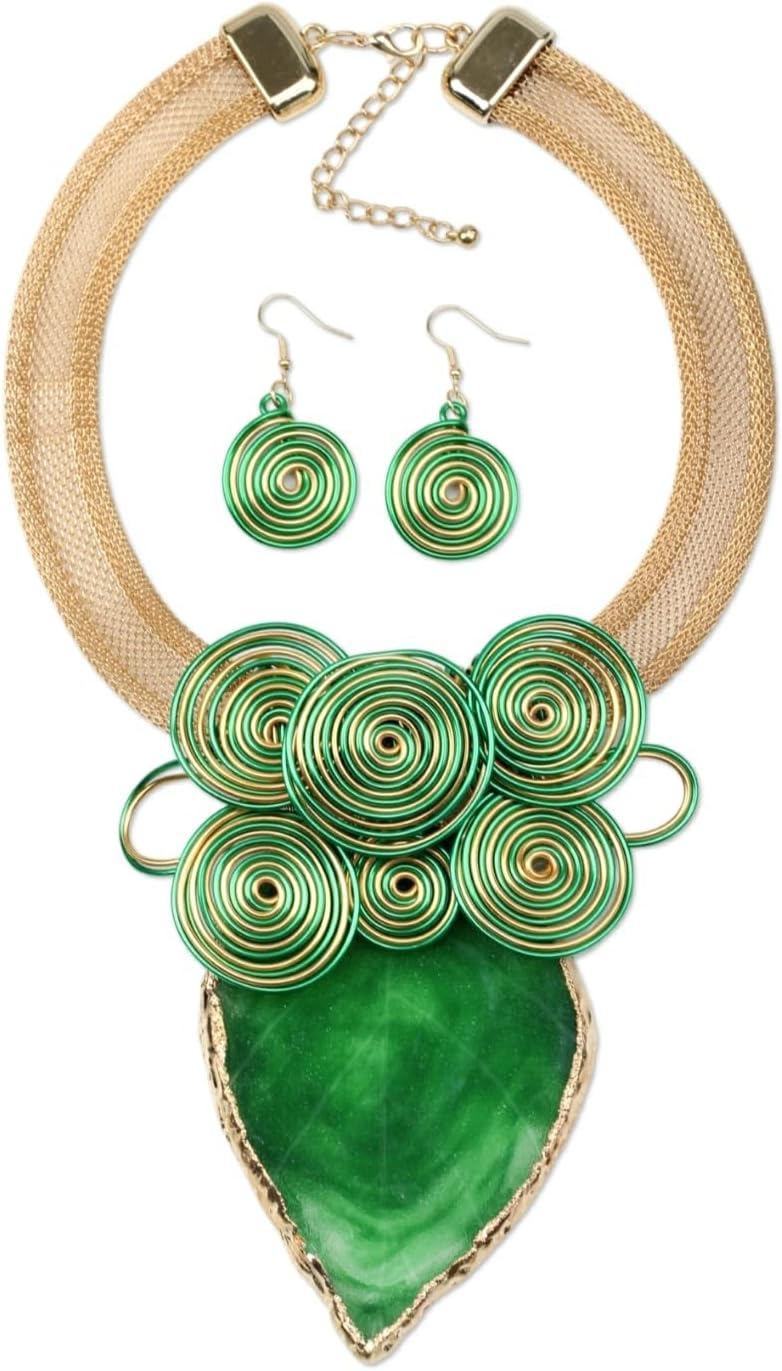 Big Crystal Pendant Necklace Earrings Set for Women Gold Color Chain Colorful Resin Chunky Statement Wire Wrapped Choker Collar Jewelry