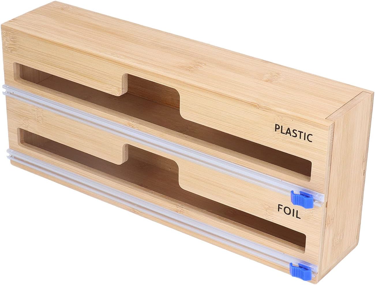 Foil Holder, Plastic Wrap Dispenser Natural Bamboo Food Grade Easy Operation Durable Aluminum Foil Dispenser with Cutter(Two grids)