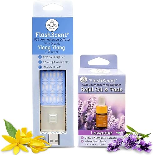 Belle Aroma FlashScent - Paquete de aromaterapia USB, para automóvil, oficina, hogar y viajes, incluye 1 kit difusor de aceite de ylang ylang azul disponible en Yaxa El Salvador