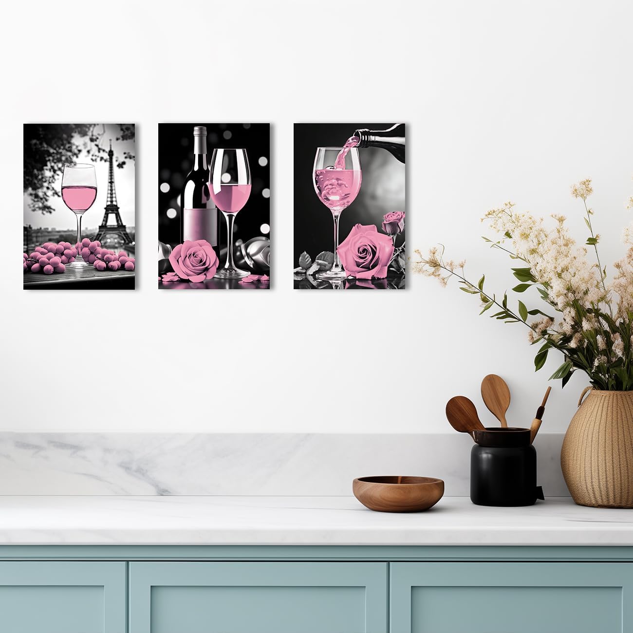QIXIANG Kitchen Canvas Wall Art 3 PCS Romantic Pink Wine Grape Rose Flowers Eiffel Tower Pictures Prints for Restaurant Bar Decor Framed (Pink, 11.00" x 14.00" x3Pcs)