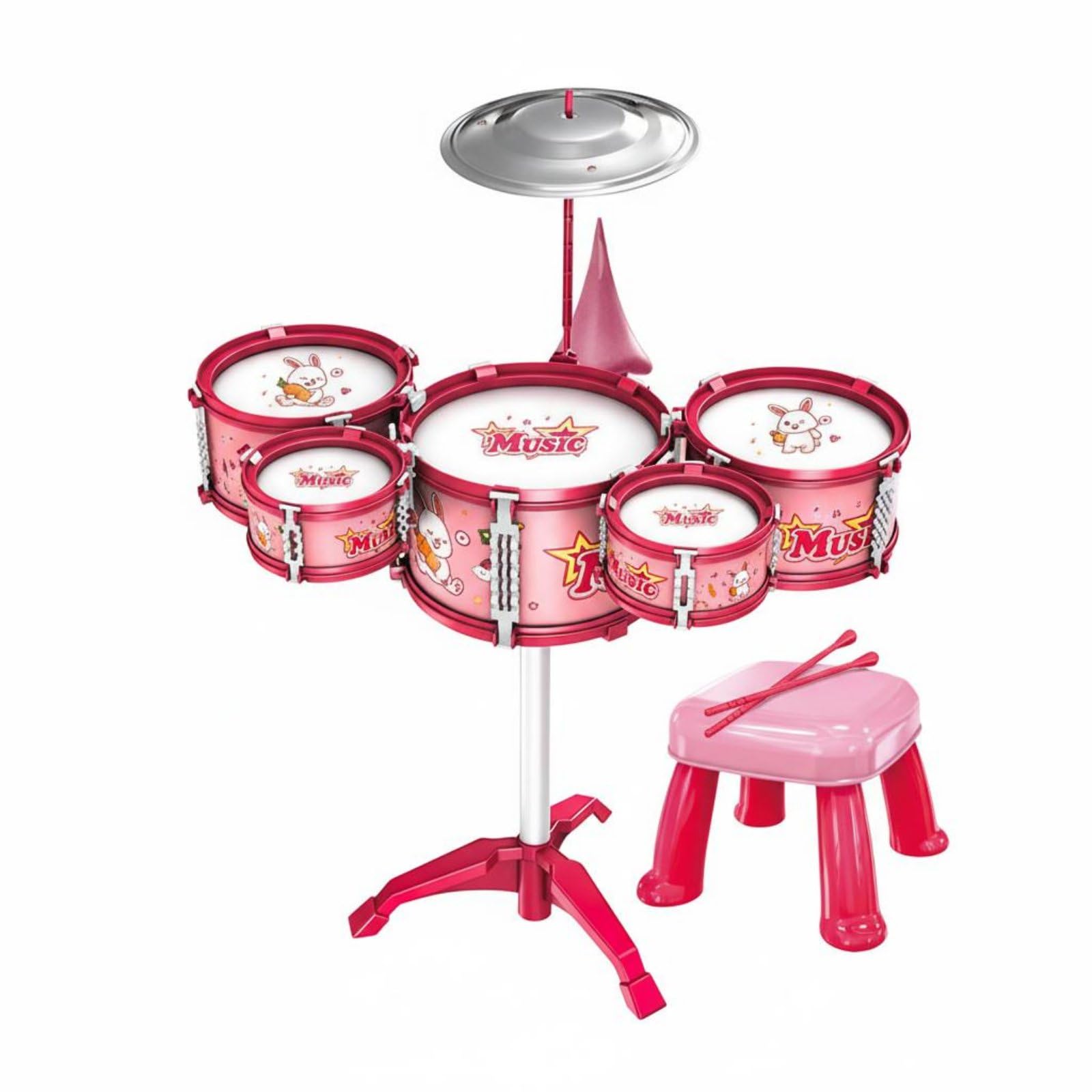 Harilla Batería Infantil de Juguete Set de Percusión Kit Musical Tambor para Niños Kit Completo con 5 Cuerpos y Platillo Sonido con Banqueta Adecuada para , Batería De Juguete con Diseño De Conejo