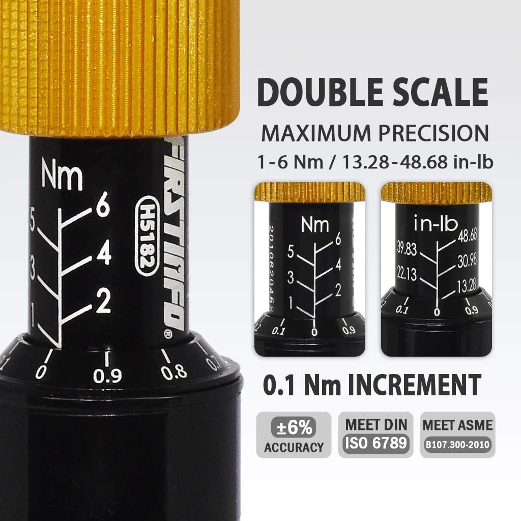 FIRSTINFO H5182 Precision Certified Limited Torque Screwdriver 1-6 Nm (13.28-48.68 in-lbs) with 1/4 Inch Universal Hex Bit Holder Quick Release Design, with Extra T-Handle, with Double Scale