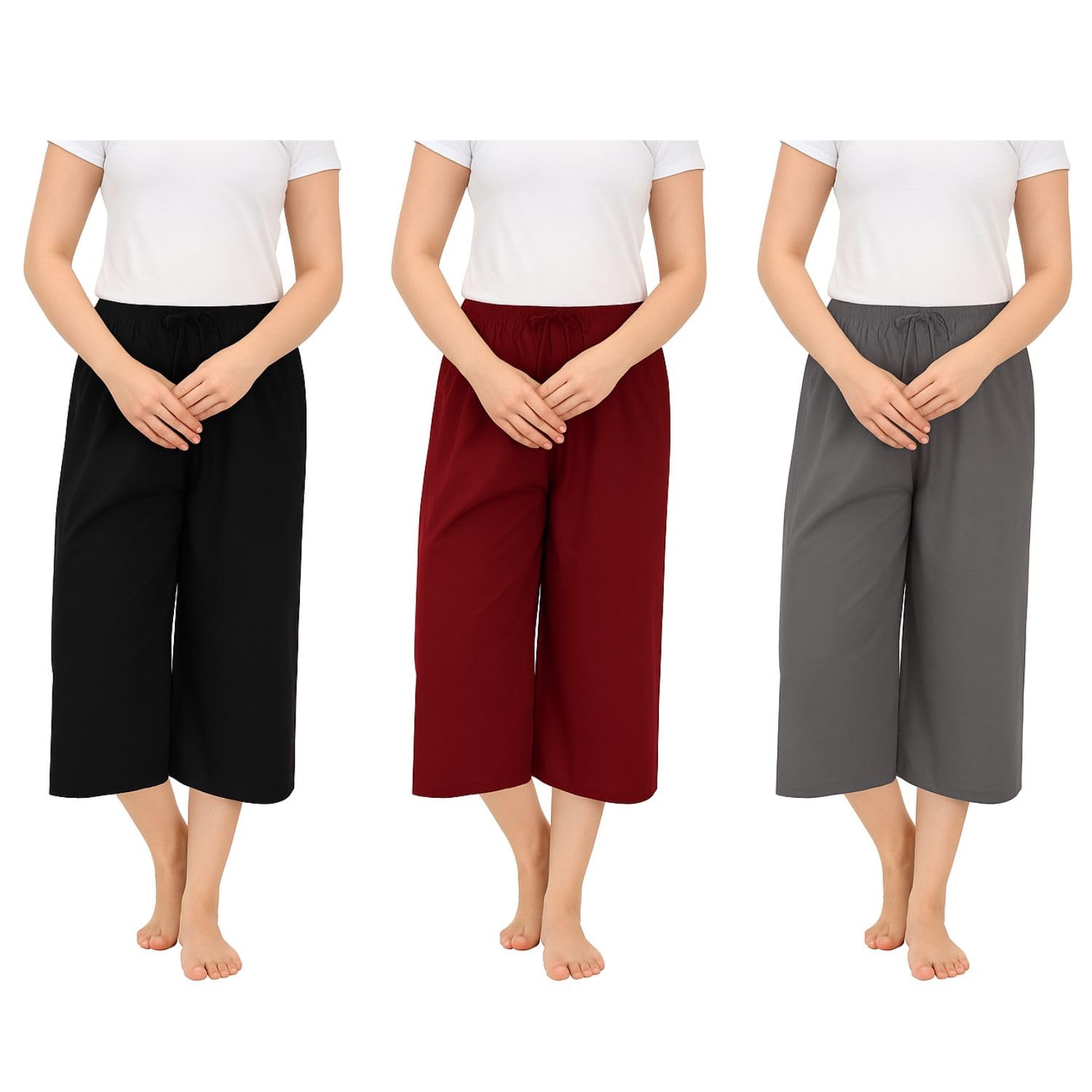 Women's Cotton Plain Capri Pants, Loosefit Yoga Pants For Womens 3Pack (Black,Grey,Marrone)-image-46