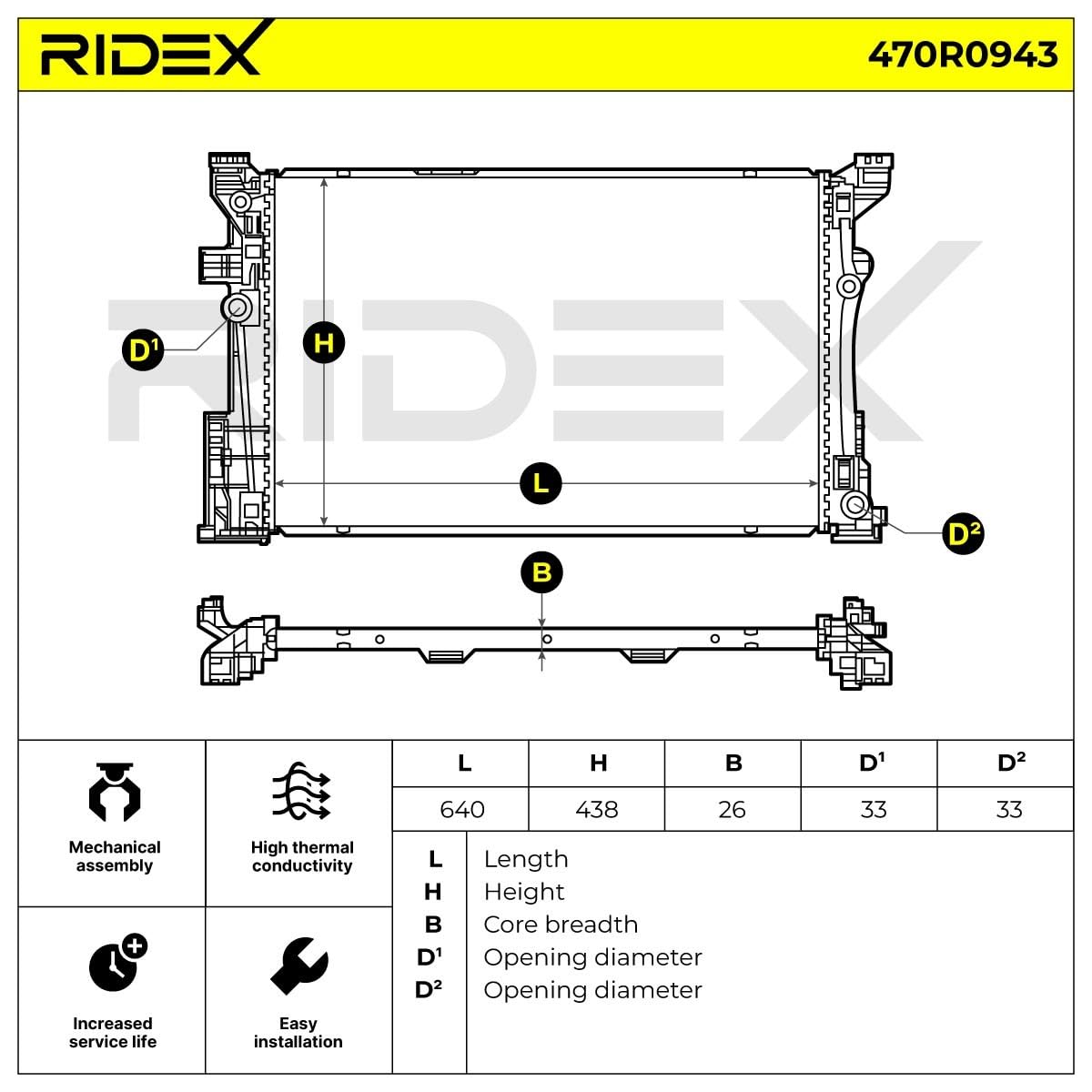 RIDEX 470R0943 Radiador refrigeración del motor sin grapa/pinza Compatible con MERCEDES-BENZ Clase A W176