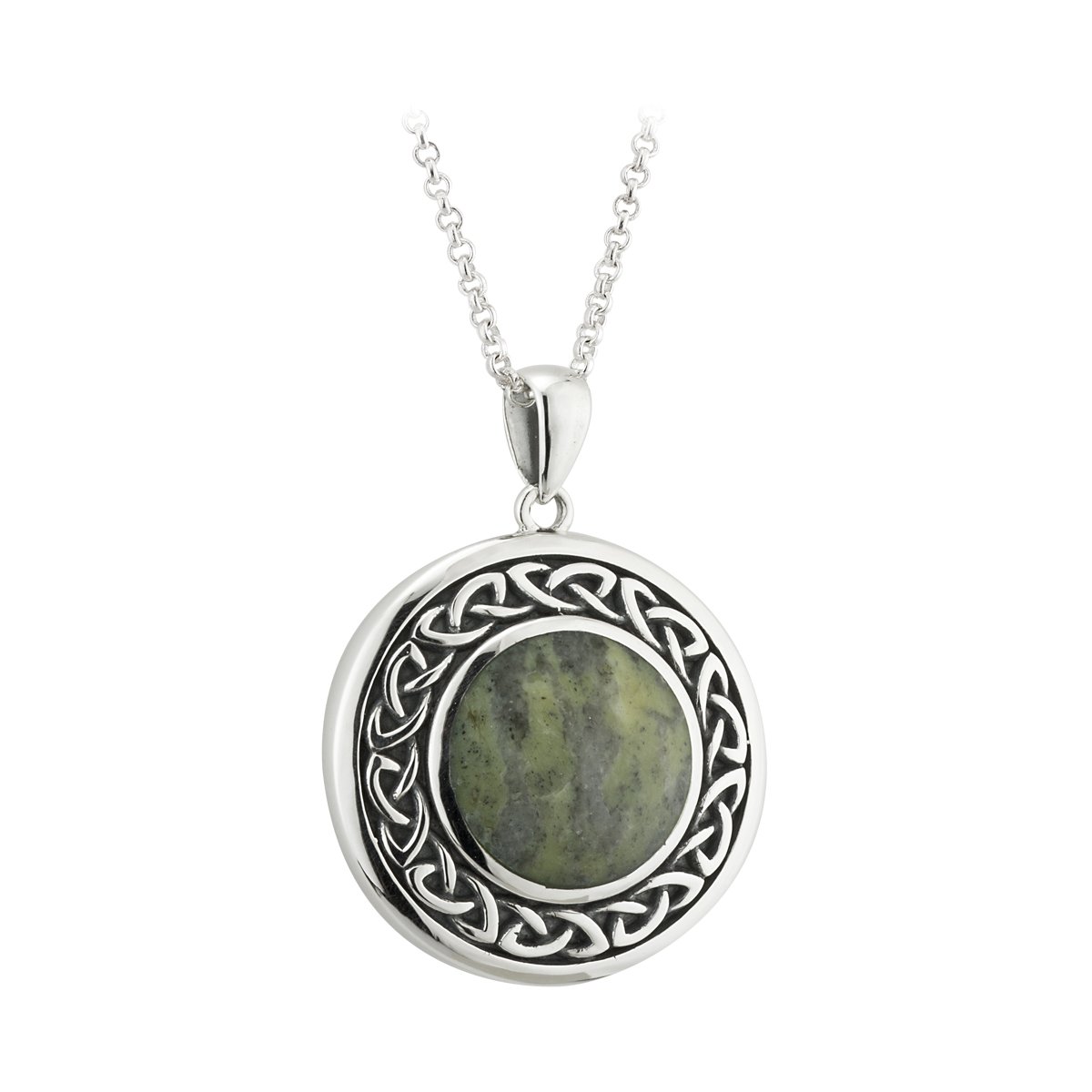 925 Sterling Silver Celtic Weave Connemara Marble Pendant Necklace for Women, Black Patina Detail, 7/8", 18" Inch, Traditional Irish Jewelry, Imported from Ireland