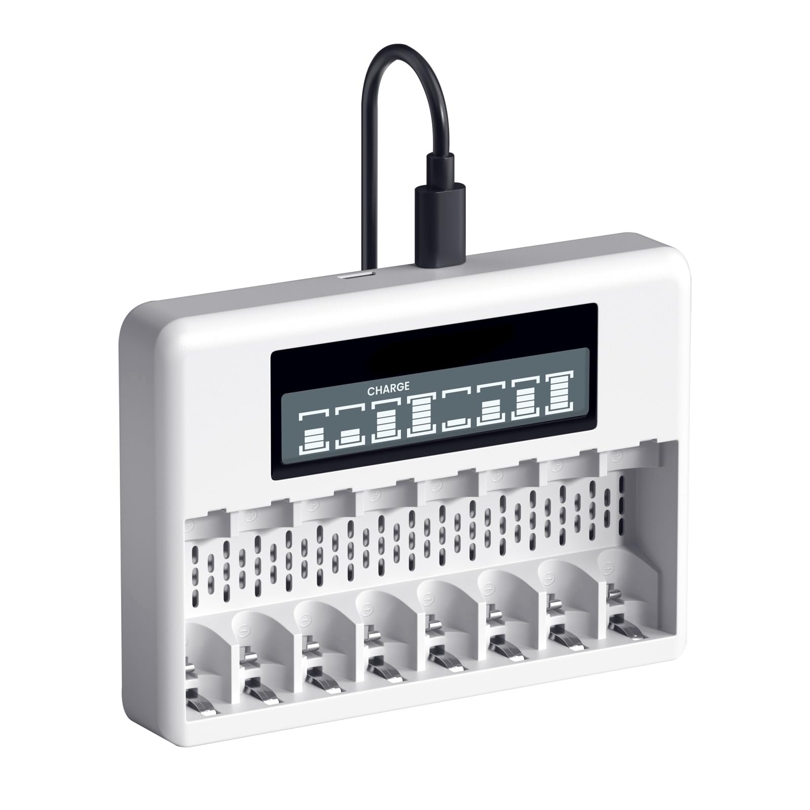 CITYORK Caricabatterie da 8 slot per Carica Batterie Ricaricabili AA AAA agli Ioni di Litio, con Display LCD, Ricarica Rapida USB e Slot Indipendente