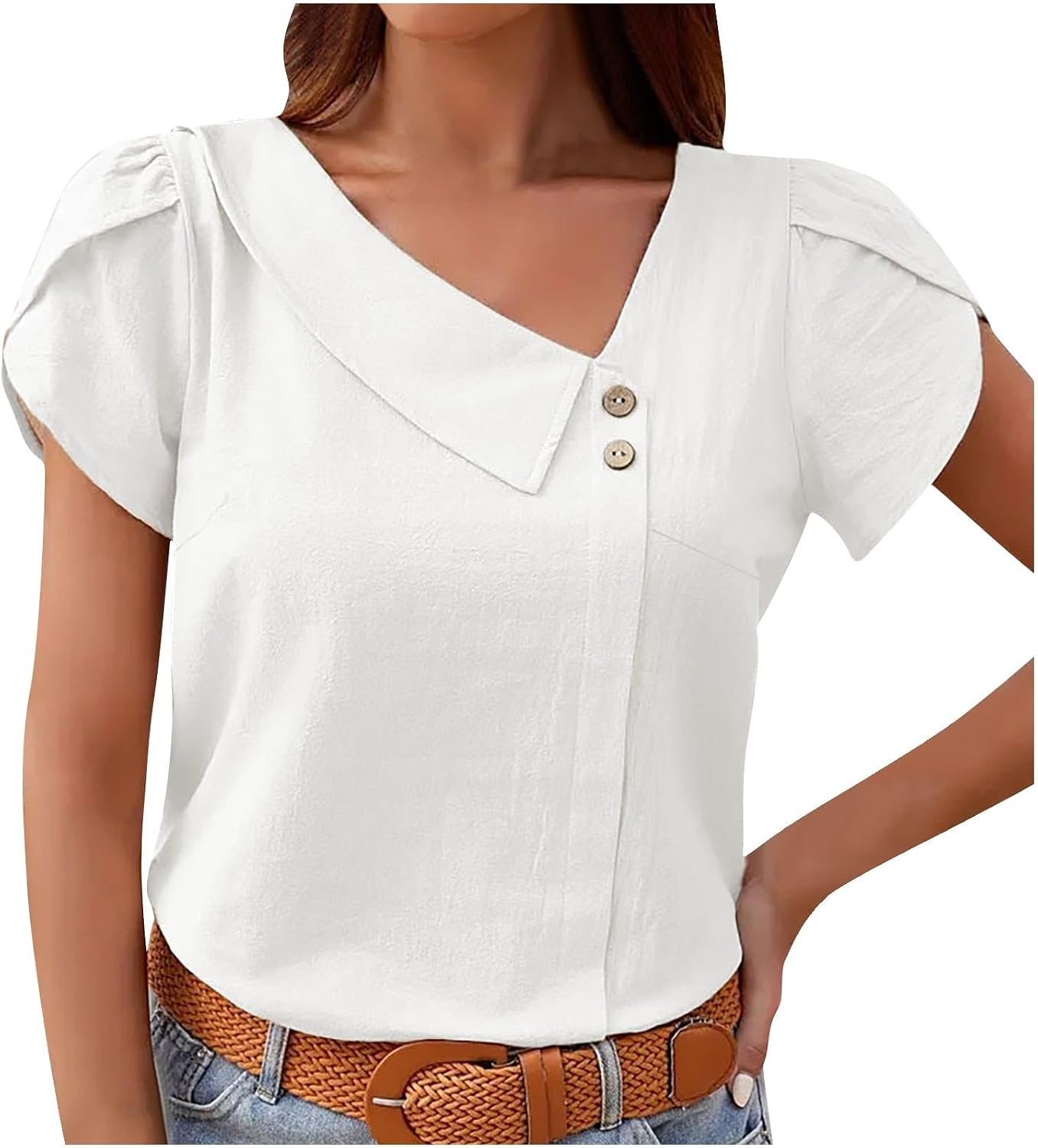 Summer Blouses for Women Fashion Asymmetrical Neck Short Petal Sleeve Button Tees Dressy Cute Tops V-Neck Shirts