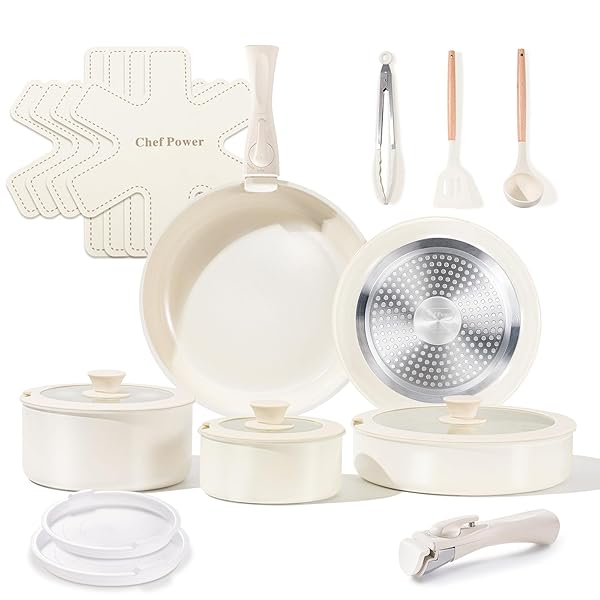 Chef Power Ceramic Cookware Set Non Toxic with Detachable Handles, Healthy Nonstick Pans and Pots Set 19 Pcs, Induction Dishwasher Oven Safe Kitchen Set, PFAS PFOA & PTFE Free, Cream White