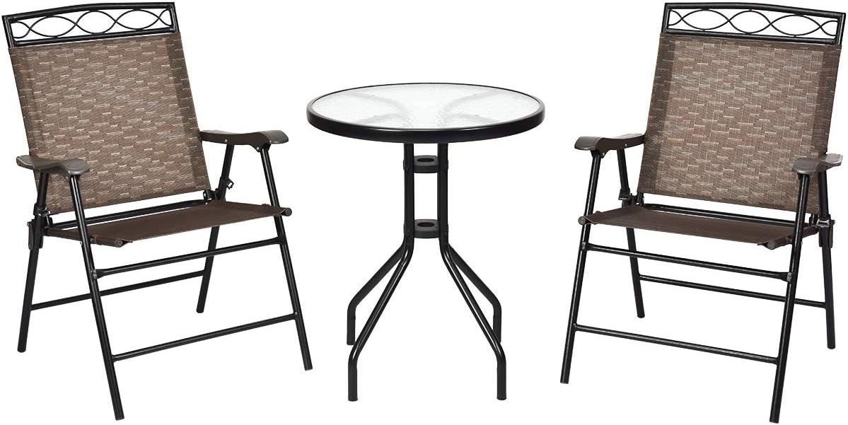 3 Piece Patio Bistro Set, Outdoor Bistro Dining Furniture Set Table & Folding Chairs for Garden, Pool, Backyard, Tempered Glass Tabletop with Umbrella Hole