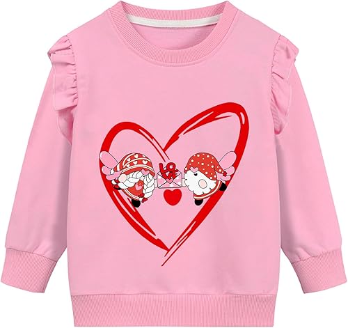 DDSOL Sudaderas para niñas pequeñas, sudadera de San Valentín, cuello redondo, con volantes, manga larga, para niñas de 2 a 7 años