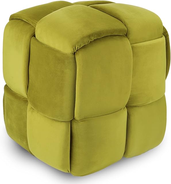 Vesgantti Cube Velvet Footstool with Nonslip Foot Pads, No Assembly Required Velvet Pouffe, Woven Upholstered Dressing Stool, Modern Square Ottoman for Living Room, Bedroom, Entryway (Mustard Yellow)