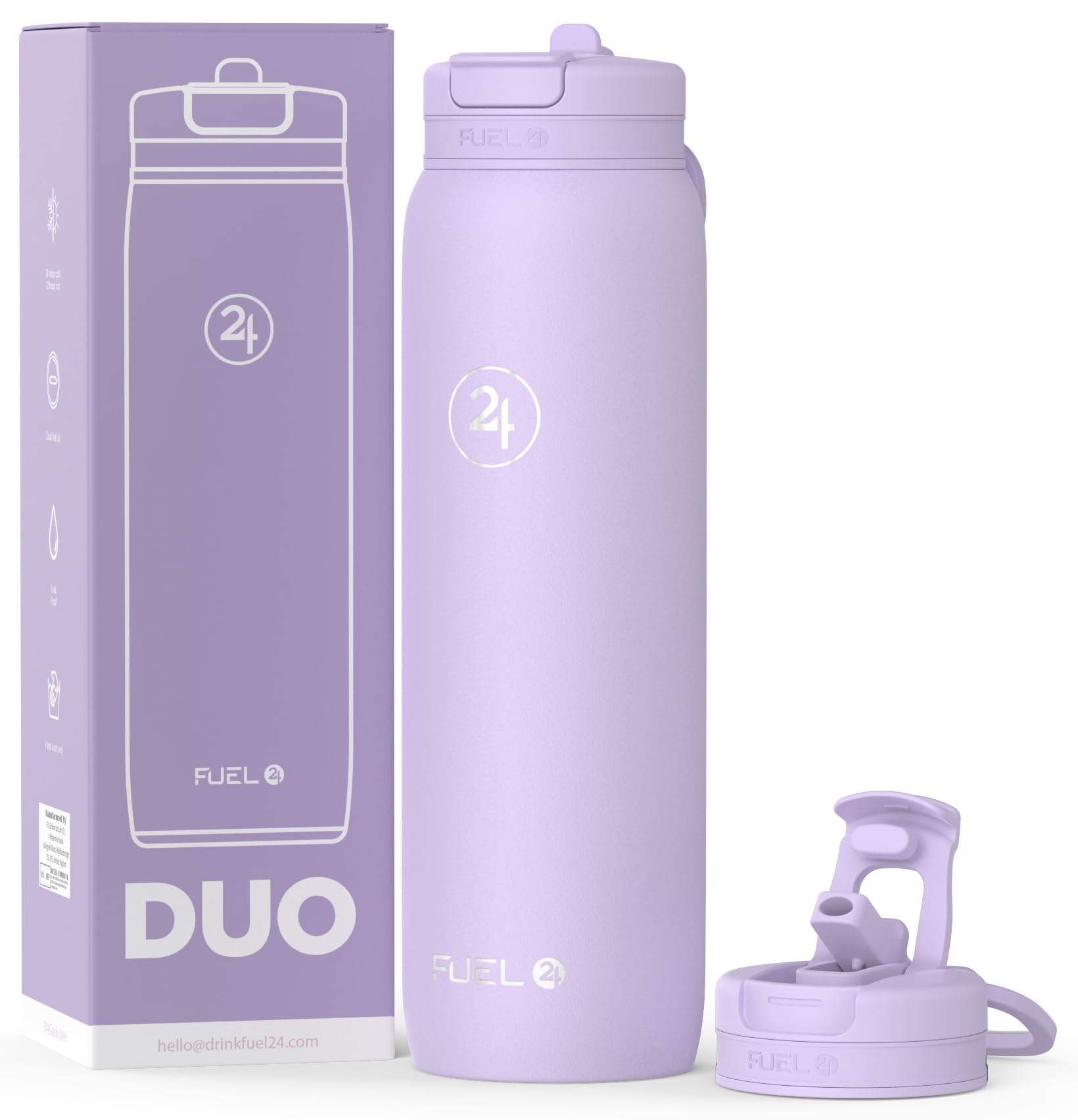 Fuel24 Duo - Stainless Steel Water Bottle 700ml or 1L - Vacuum Insulated Metal Flask with Straw (Dual use Lid) 1 Litre - for Sports, Gym, Work – Slim Design (Lavender, 1000 ml)